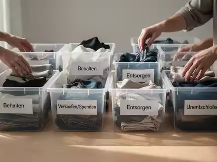 Hände sortieren Gegenstände in vier beschriftete Kisten: Behalten, Verkaufen/Spenden, Entsorgen und Unentschlossen, symbolisierend das Entrümpeln. - Foto: über boerse-global.de
