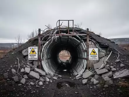 Ein teilweise eingestürzter Silberschachteingang mit Warnschildern in einer kargen Landschaft unter bewölktem Himmel. - Foto: über boerse-global.de