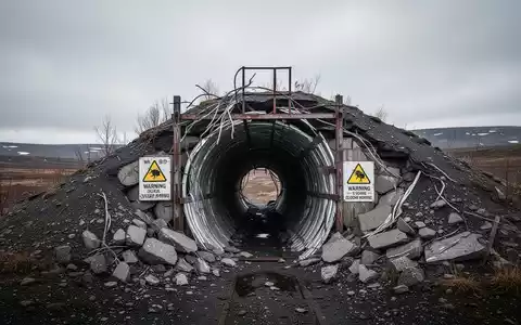 Ein teilweise eingestürzter Silberschachteingang mit Warnschildern in einer kargen Landschaft unter bewölktem Himmel. - Foto: über boerse-global.de