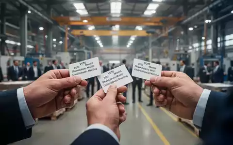 Hände halten Abstimmungskarten während einer Aktionärsversammlung mit unscharfem Industriehintergrund. - Foto: über boerse-global.de