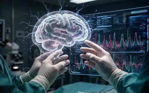 Ein futuristisches, leuchtendes neuronales Netzwerk in einem durchsichtigen menschlichen Gehirn, mit subtilen elektrischen Impulsen und ChirurgenhĂ€nden. - Foto: ĂŒber boerse-global.de