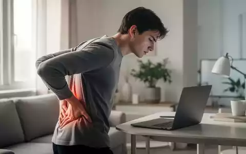 Eine junge Person, die sich den unteren Rücken hält, während sie vor einem Laptop sitzt, um einen Bandscheibenvorfall zu symbolisieren. - Foto: über boerse-global.de