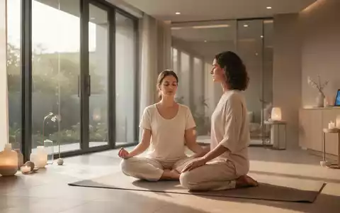 Eine Person meditiert ruhig in einem sonnendurchfluteten Wellnessraum, der Ruhe und Stressabbau symbolisiert. - Foto: über boerse-global.de