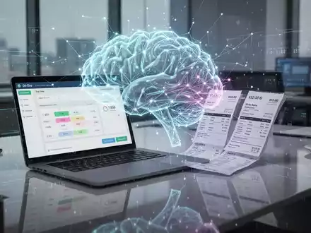 Ein stilisiertes, leuchtendes KI-Gehirnnetz über einem modernen Büroschreibtisch mit Laptop, der Zeiterfassung und Rechnungen zeigt. - Foto: über boerse-global.de