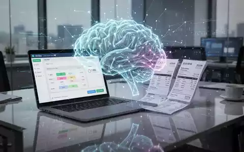 Ein stilisiertes, leuchtendes KI-Gehirnnetz über einem modernen Büroschreibtisch mit Laptop, der Zeiterfassung und Rechnungen zeigt. - Foto: über boerse-global.de