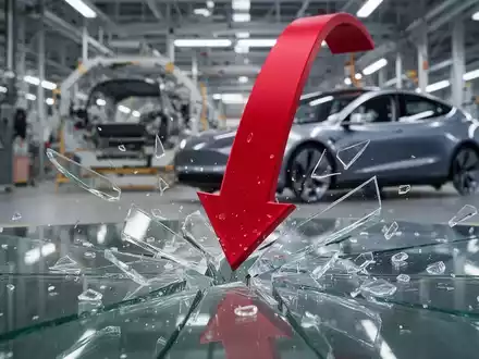 Ein stilisierter roter Pfeil zeigt nach unten und bricht durch Glas, mit einem Automobilwerk im Hintergrund. - Foto: über boerse-global.de
