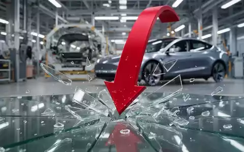 Ein stilisierter roter Pfeil zeigt nach unten und bricht durch Glas, mit einem Automobilwerk im Hintergrund. - Foto: über boerse-global.de