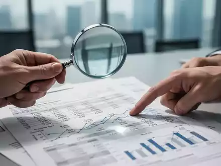 Eine Hand hält eine Lupe über ein Finanzdokument, während eine andere Hand auf einen Abschnitt zeigt, der Präzision und Detail in finanziellen Anpassungen betont. - Foto: über boerse-global.de