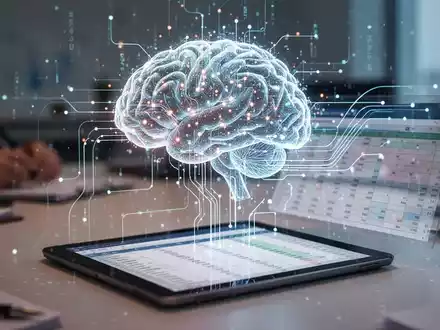 Ein stilisiertes, leuchtendes KI-Gehirn, das mit einer digitalen Tabelle auf einem Tablet-Bildschirm verbunden ist, umgeben von verschwommenen Büromöbeln. - Foto: über boerse-global.de