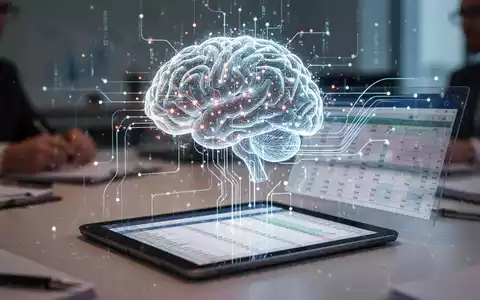 Ein stilisiertes, leuchtendes KI-Gehirn, das mit einer digitalen Tabelle auf einem Tablet-Bildschirm verbunden ist, umgeben von verschwommenen Büromöbeln. - Foto: über boerse-global.de