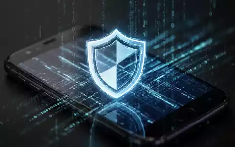 Ein stilisiertes, leuchtendes Schildsymbol auf einem Android-Smartphone-Bildschirm mit binärem Code, das Cybersicherheit und Datenschutz darstellt. - Foto: über boerse-global.de