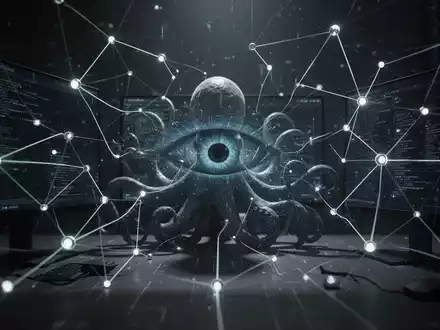 A stylized digital network with glowing lines and nodes, subtly integrated with an ominous, shadowy digital 'eye' or 'octopus' shape. - Foto: über boerse-global.de