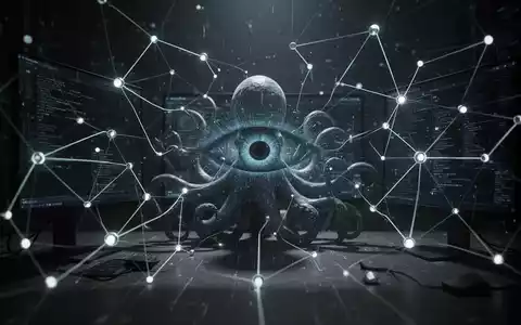 A stylized digital network with glowing lines and nodes, subtly integrated with an ominous, shadowy digital 'eye' or 'octopus' shape. - Foto: über boerse-global.de