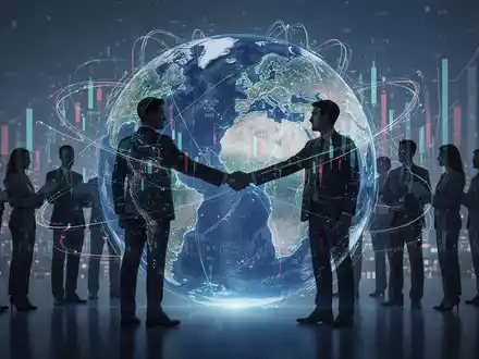 A stylized globe with digital lines representing financial data flow, overlaid with silhouettes of business professionals shaking hands. - Foto: über boerse-global.de