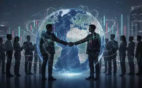 A stylized globe with digital lines representing financial data flow, overlaid with silhouettes of business professionals shaking hands. - Foto: über boerse-global.de