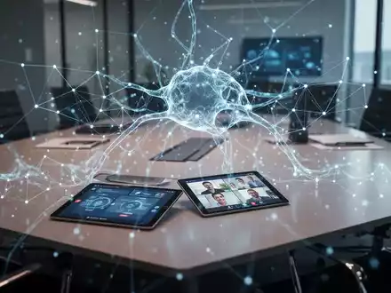 Ein futuristischer Konferenztisch mit einem Tablet, das eine digitale Besprechung anzeigt, überlagert von einem leuchtenden neuronalen Netzwerk. - Foto: über boerse-global.de
