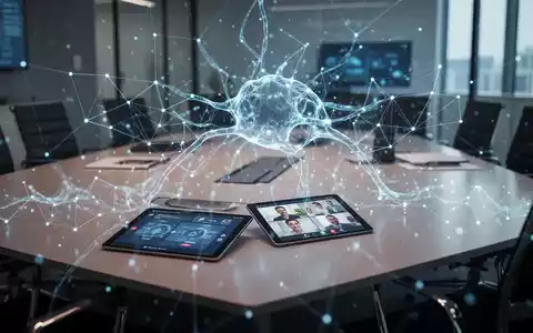 Ein futuristischer Konferenztisch mit einem Tablet, das eine digitale Besprechung anzeigt, überlagert von einem leuchtenden neuronalen Netzwerk. - Foto: über boerse-global.de