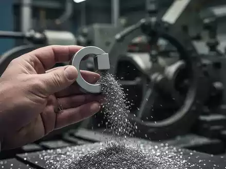 Eine Hand hält einen Seltenerdmagneten, der Metallspäne anzieht, vor dem unscharfen Hintergrund von Industriemaschinen. - Foto: über boerse-global.de