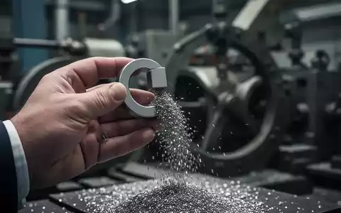 Eine Hand hält einen Seltenerdmagneten, der Metallspäne anzieht, vor dem unscharfen Hintergrund von Industriemaschinen. - Foto: über boerse-global.de