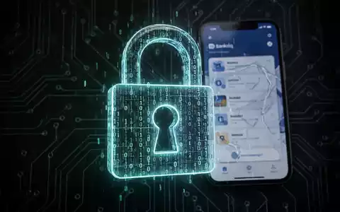A glowing digital padlock with binary code, symbolizing a banking trojan, over a dark background with a distorted banking app on a phone. - Foto: über boerse-global.de