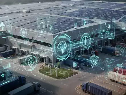 Ein modernes Logistikzentrum mit Solarmodulen auf dem Dach und digitalen Anzeigen für Energiemanagement und Nachhaltigkeitsdaten. - Foto: über boerse-global.de