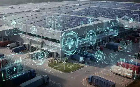 Ein modernes Logistikzentrum mit Solarmodulen auf dem Dach und digitalen Anzeigen für Energiemanagement und Nachhaltigkeitsdaten. - Foto: über boerse-global.de