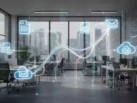 An abstract visual representing digital data organization and growth, with glowing lines connecting file icons in a modern office. - Foto: über boerse-global.de