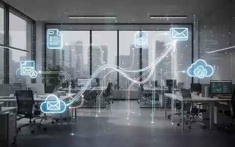 An abstract visual representing digital data organization and growth, with glowing lines connecting file icons in a modern office. - Foto: über boerse-global.de