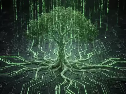 A glowing, ethereal green data tree with recursive roots, symbolizing hidden malware and complex digital evasion techniques within a network. - Foto: über boerse-global.de