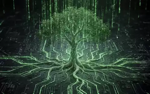 A glowing, ethereal green data tree with recursive roots, symbolizing hidden malware and complex digital evasion techniques within a network. - Foto: über boerse-global.de