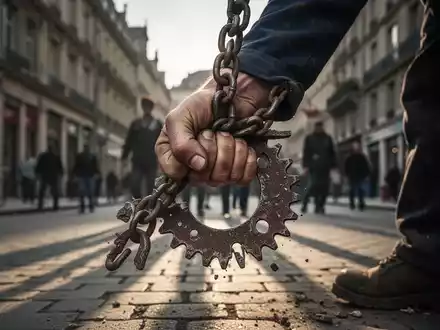 Eine Nahaufnahme einer Arbeiterhand, die eine symbolische Kette oder ein zerbrochenes Zahnrad vor einem unscharfen europäischen Stadtbild hält. - Foto: über boerse-global.de