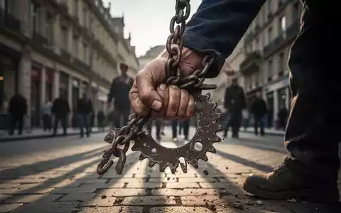 Eine Nahaufnahme einer Arbeiterhand, die eine symbolische Kette oder ein zerbrochenes Zahnrad vor einem unscharfen europäischen Stadtbild hält. - Foto: über boerse-global.de