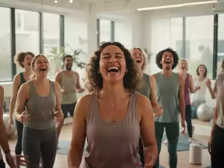 Eine Gruppe lachender Menschen praktiziert Lachyoga in einem hellen Raum, symbolisierend Stressabbau und Gesundheitsförderung. - Foto: über boerse-global.de