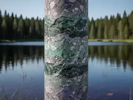 Geologischer Bohrkern mit grünen und grauen Mineralien vor einem See und Wald. Carpenter-Lake-Projekt. - Foto: über boerse-global.de