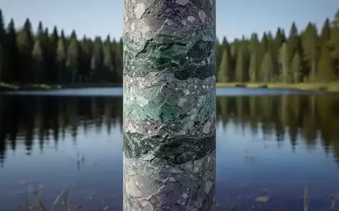 Geologischer Bohrkern mit grünen und grauen Mineralien vor einem See und Wald. Carpenter-Lake-Projekt. - Foto: über boerse-global.de