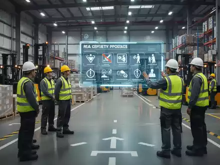 Mitarbeiter in einem modernen Logistiklager, die digitale Sicherheitsanzeigen und Maschinen überprüfen, mit Fokus auf Arbeitssicherheit und Technologie. - Foto: über boerse-global.de