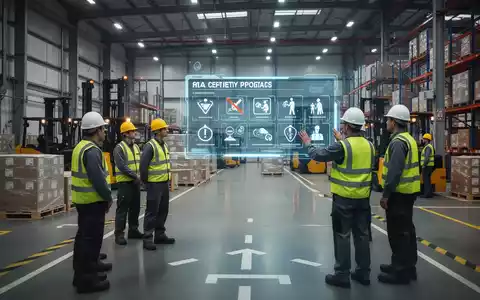 Mitarbeiter in einem modernen Logistiklager, die digitale Sicherheitsanzeigen und Maschinen überprüfen, mit Fokus auf Arbeitssicherheit und Technologie. - Foto: über boerse-global.de