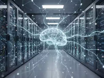 A futuristic server room with glowing racks of AI hardware, symbolizing advanced machine learning performance and speed records. - Foto: über boerse-global.de