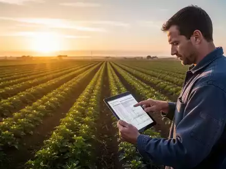 Landwirt auf einem Feld bei Sonnenaufgang, der Dokumente auf einem Tablet prüft, mit Reihen von Pflanzen, die sich bis zum Horizont erstrecken. - Foto: über boerse-global.de