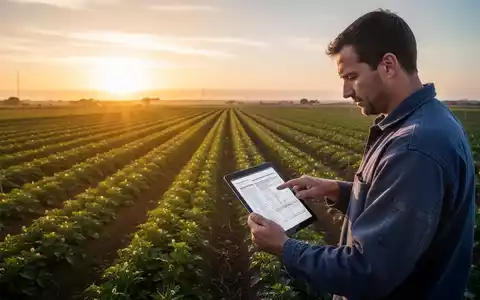 Landwirt auf einem Feld bei Sonnenaufgang, der Dokumente auf einem Tablet prüft, mit Reihen von Pflanzen, die sich bis zum Horizont erstrecken. - Foto: über boerse-global.de