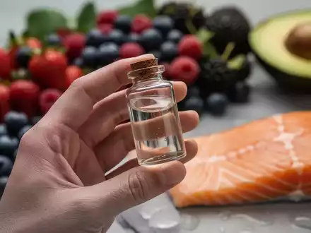 Eine Hand hält eine kleine Glasflasche mit einem Nahrungsergänzungsmittel, im Hintergrund verschwommen Beeren, Avocado und Lachs. - Foto: über boerse-global.de