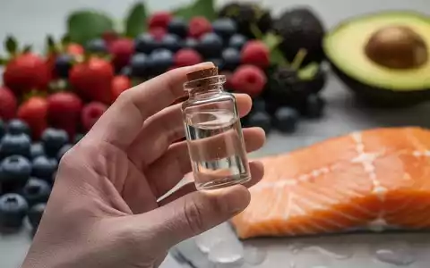 Eine Hand hält eine kleine Glasflasche mit einem Nahrungsergänzungsmittel, im Hintergrund verschwommen Beeren, Avocado und Lachs. - Foto: über boerse-global.de