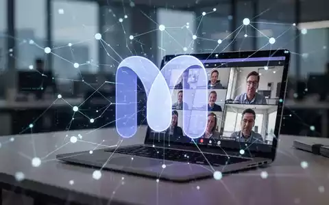 A stylized 'M' logo for Microsoft Teams, subtly integrated into a network of glowing data lines and interconnected nodes. A laptop screen in the background displays a video conference call. - Foto: über boerse-global.de