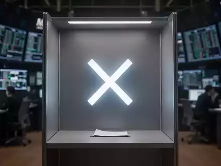 Eine stilisierte, moderne Wahlkabine mit einem leuchtenden 'X', das eine Absage symbolisiert, vor einem verschwommenen Tech-Handelssaal. - Foto: über boerse-global.de