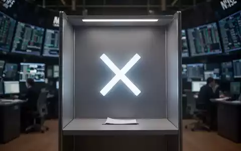 Eine stilisierte, moderne Wahlkabine mit einem leuchtenden 'X', das eine Absage symbolisiert, vor einem verschwommenen Tech-Handelssaal. - Foto: über boerse-global.de