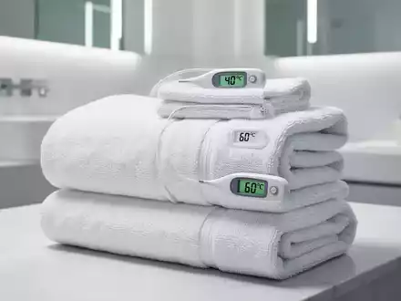 Ein Stapel sauber gefalteter weißer Handtücher mit einer digitalen Anzeige von '40°C' auf einem und '60°C' auf einem anderen. - Foto: über boerse-global.de
