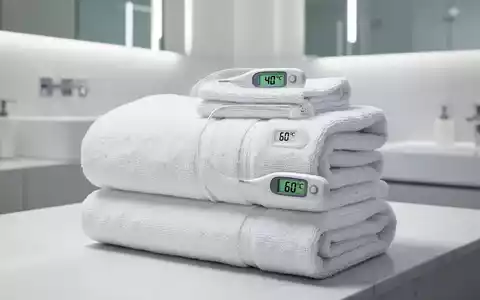 Ein Stapel sauber gefalteter weißer Handtücher mit einer digitalen Anzeige von '40°C' auf einem und '60°C' auf einem anderen. - Foto: über boerse-global.de