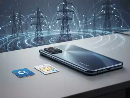 Two O2 SIM cards beside a Xiaomi Redmi smartphone, with a blurred background suggesting network infrastructure and data flow. - Foto: über boerse-global.de
