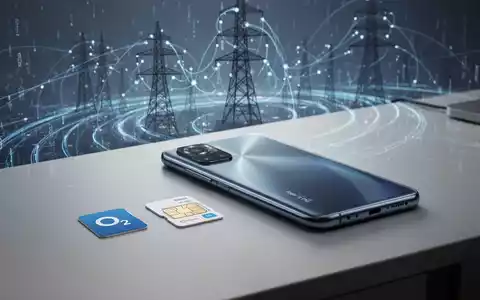 Two O2 SIM cards beside a Xiaomi Redmi smartphone, with a blurred background suggesting network infrastructure and data flow. - Foto: über boerse-global.de
