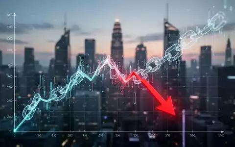 Ein stark fallender digitaler Kursgraph mit einem roten Pfeil nach unten, überlagert von Blockchain-Elementen und einer verschwommenen Stadtkulisse. - Foto: über boerse-global.de